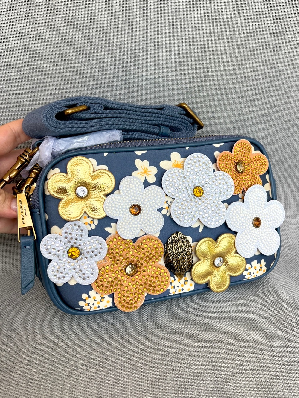 Kurt Geiger Kensington 2 zip Daisy flowers Camera wide strap crystals satin bag